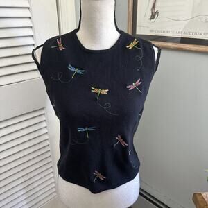 Vintage Eagles Eye Sweater Vest Womerns Medium Black Embroidered Dragonfly Retro